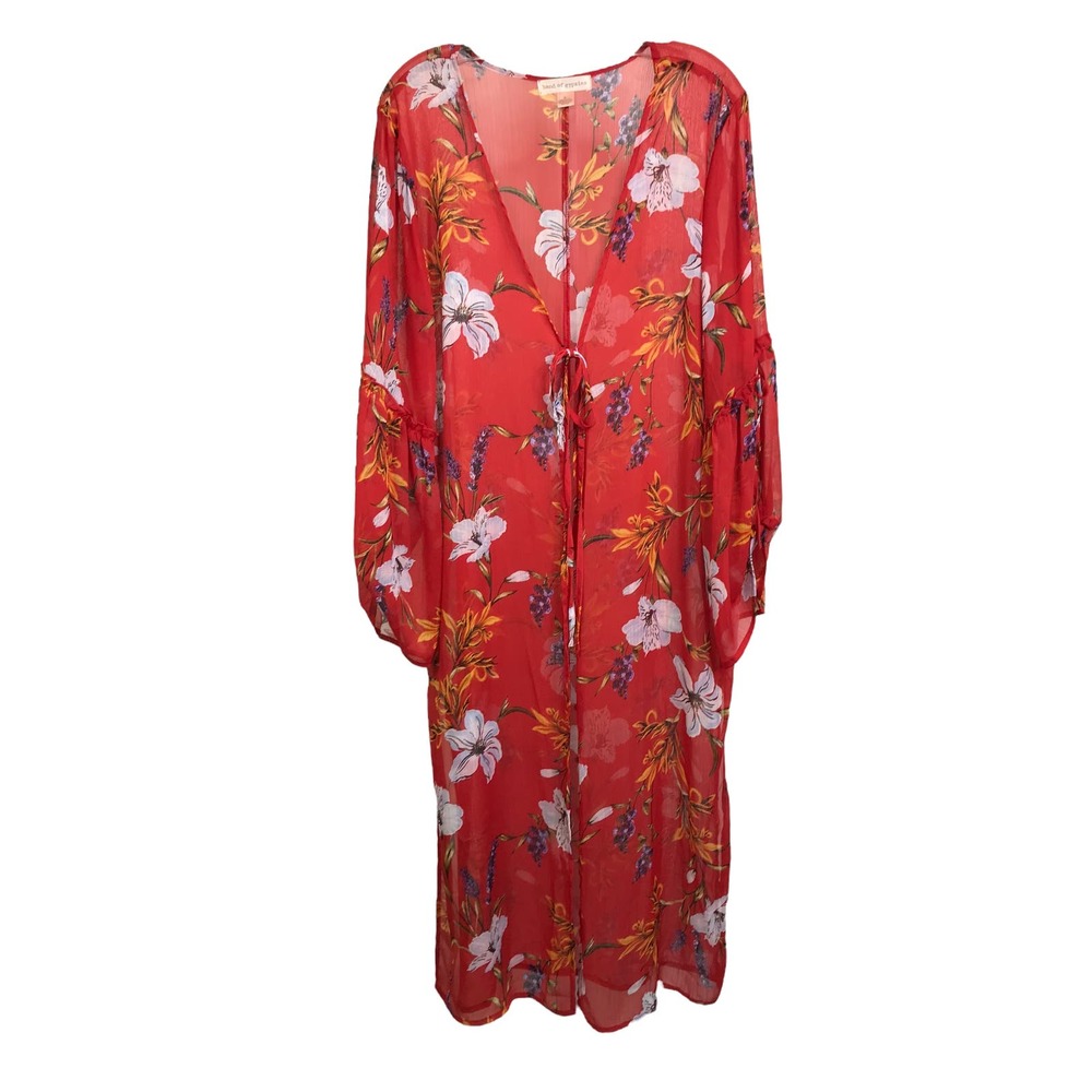 Band Of Gypsies Women's Kimono Cover-Up Bell‎ Sleeve V-Neck Red Gold Floral M